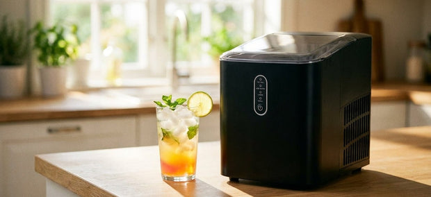 Kompakte Eiswürfelmaschine auf heller Küchentheke neben kaltem Sommerdrink