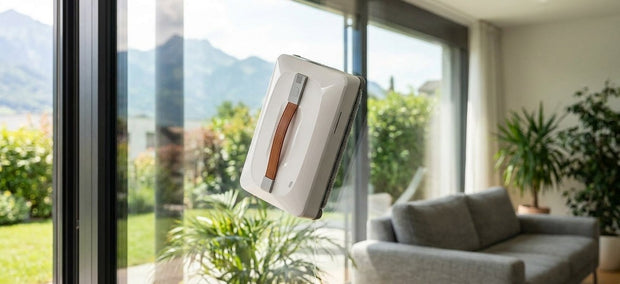 Fensterputzroboter reinigt eine grosse Glasfront in einem hellen Wohnzimmer – Ratgeber NIVAROQ