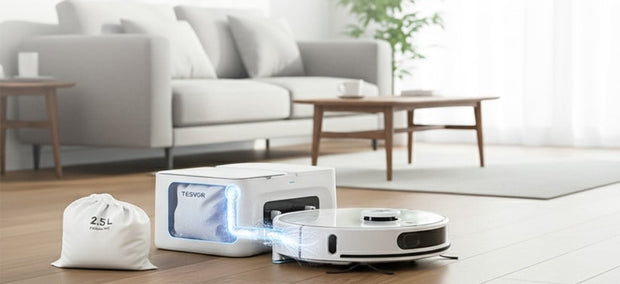 Tesvor S8 Max Saugroboter mit automatischer Absaugstation und 2,5-Liter-Staubbeutel im Wohnzimmer – NIVAROQ Ratgeber