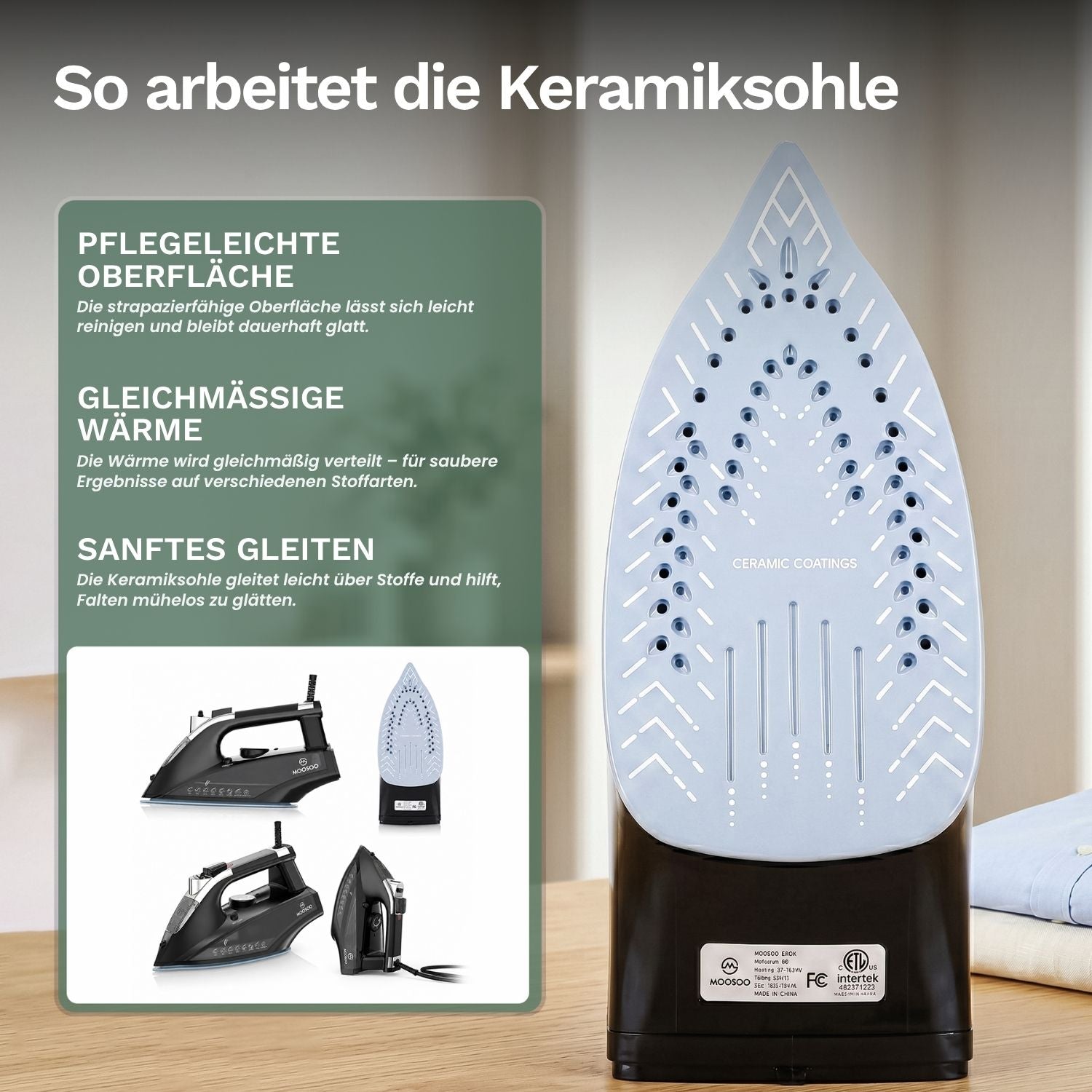 Keramiksohle des MOOSOO Dampfbügeleisens: Pflegeleichte Oberfläche, gleichmässige Wärmeverteilung und sanftes Gleiten für faltenfreie Ergebnisse.