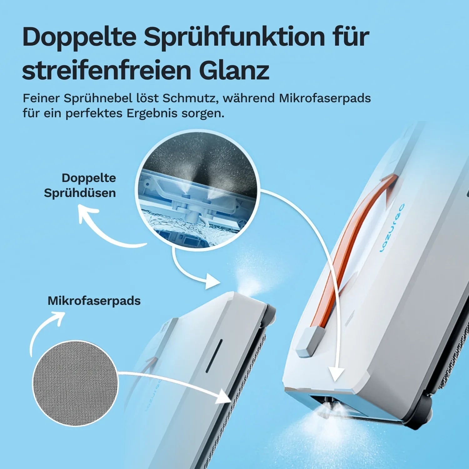 Fensterreinigungsroboter mit doppelter Sprühfunktion verteilt feinen Sprühnebel und nutzt Mikrofaserpads für streifenfreie und gründliche Glasreinigung.