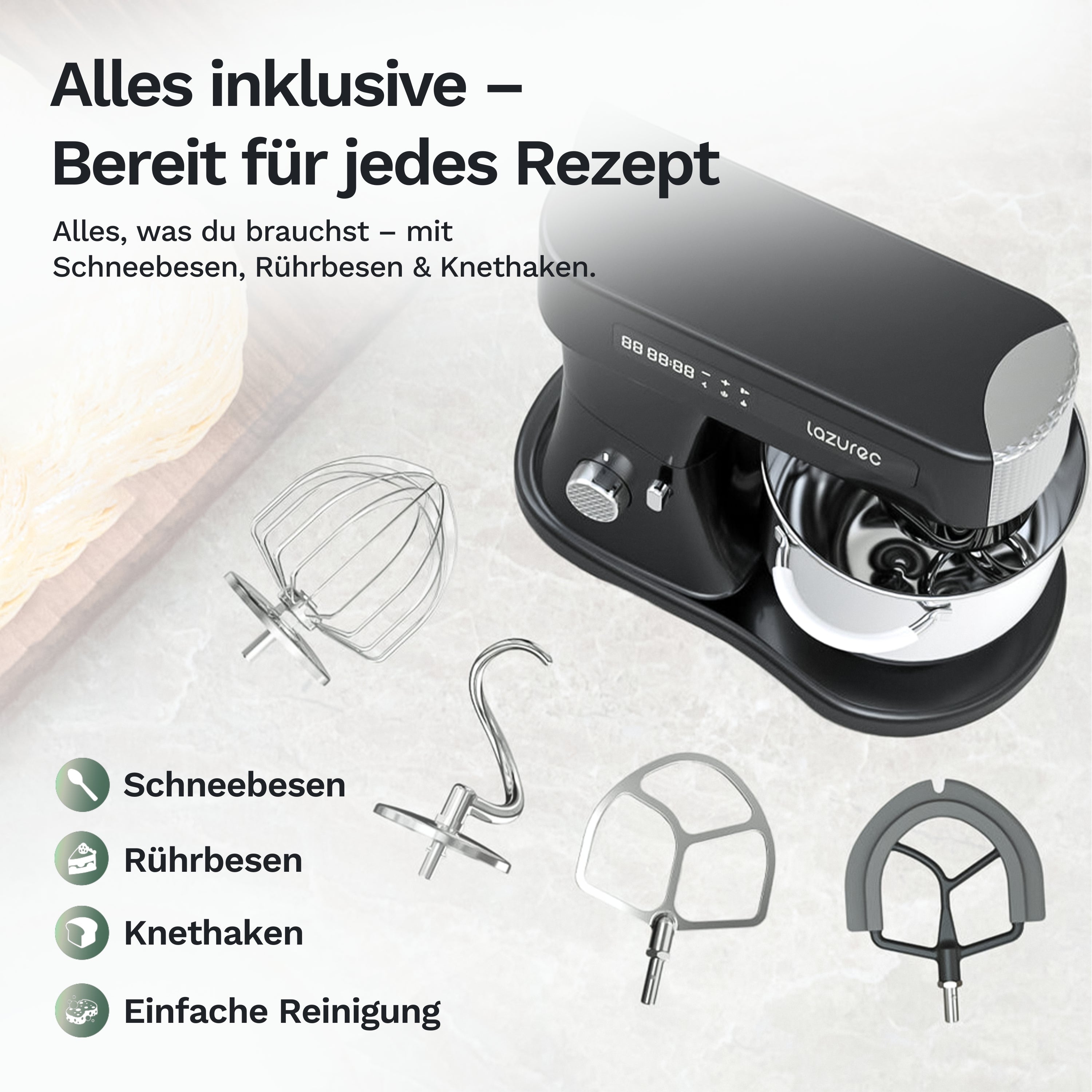 Zubehör der Bakara Mix One Küchenmaschine: Schneebesen, Rührbesen und Knethaken