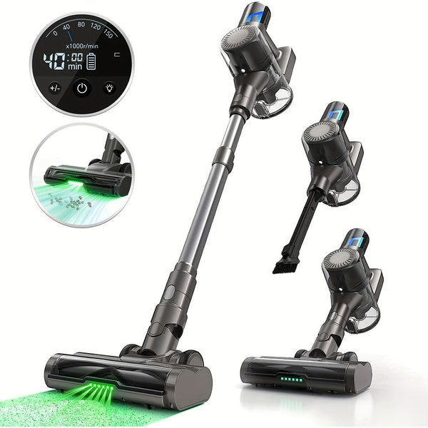 Kabelloser Akku-Staubsauger mit LED-Bodenbürste, digitalem Display und vielseitigen Aufsätzen für gründliche Reinigung auf allen Oberflächen