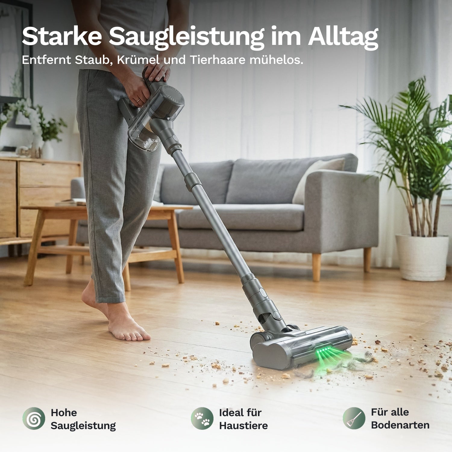 Kabelloser Akku-Staubsauger entfernt Staub, Krümel und Tierhaare effizient von Hartböden im modernen Wohnzimmer