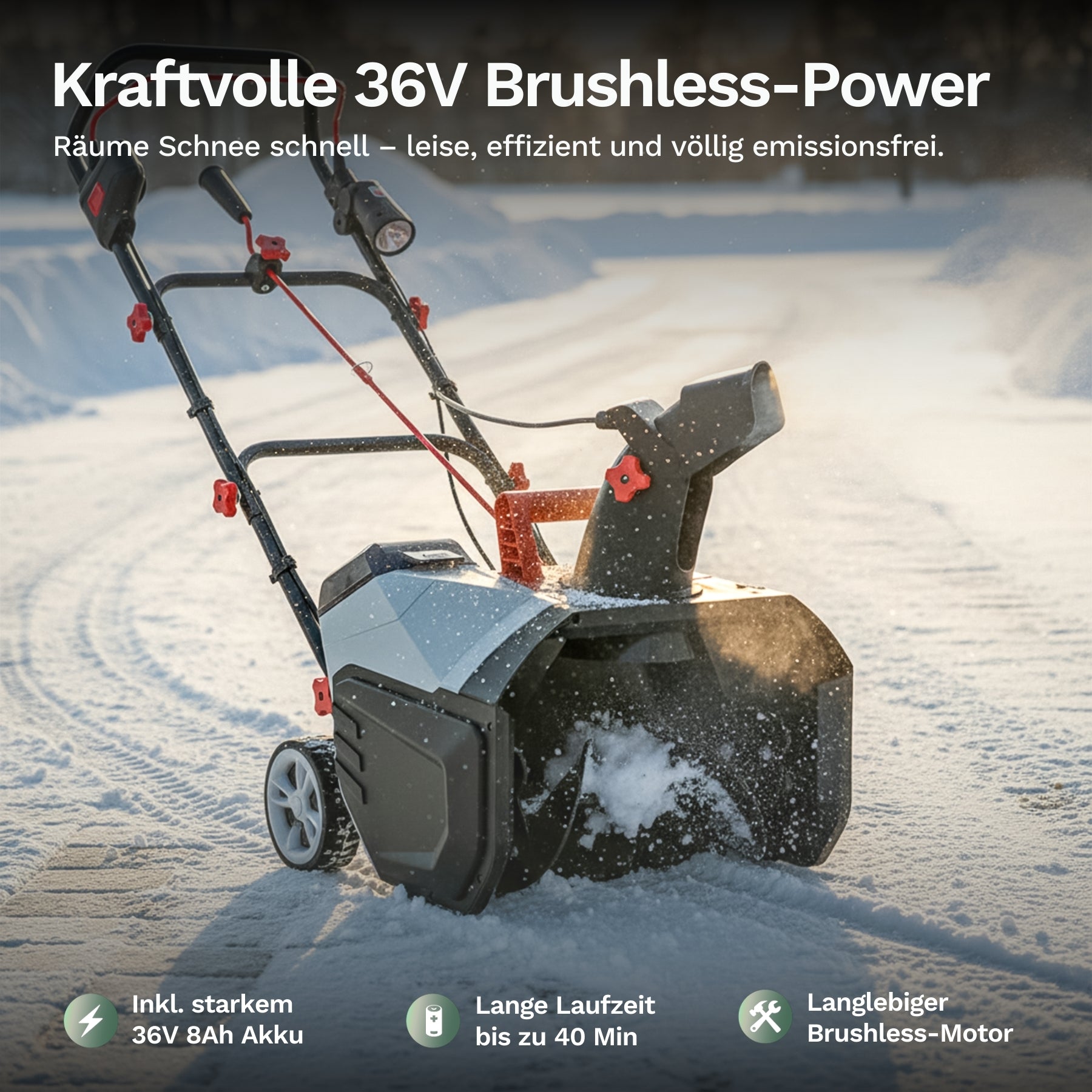 Akku-Schneefräse im Einsatz auf verschneiter Fläche, mit kraftvollem 36V Brushless-Motor für leises und effizientes Schneeräumen.