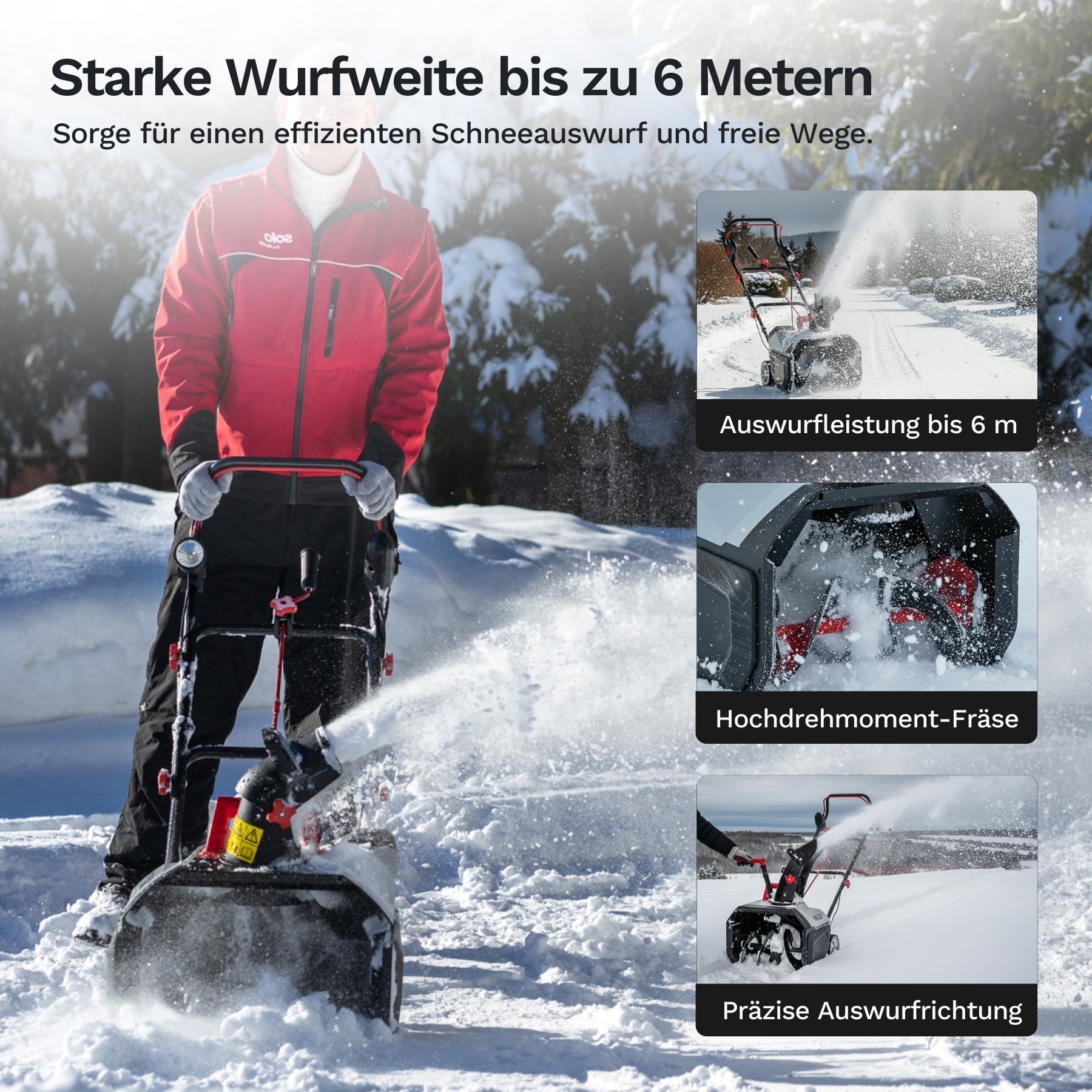 Mann bedient Schneefräse im Schnee mit hoher Wurfweite, wirft Schnee bis zu 6 Meter weit für effizientes Räumen von Wegen.