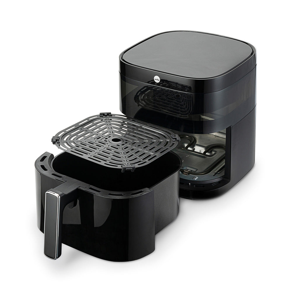 Schwarze Airfryer-Heissluftfritteuse mit herausnehmbarem Korb und Gittereinsatz, zeigt Innenaufbau für einfaches Befüllen und Reinigen.