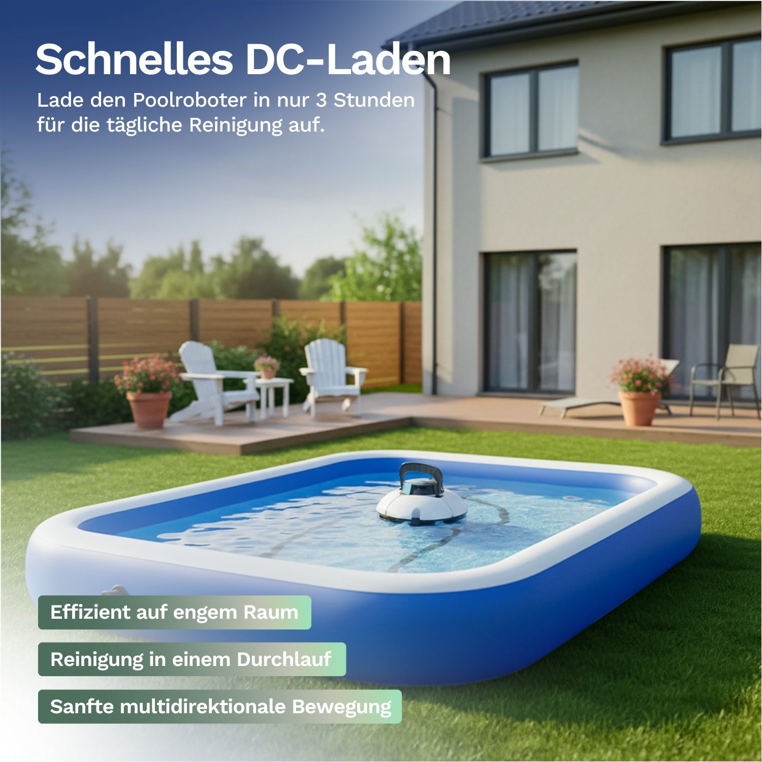 Poolroboter im kleinen Gartenpool vor einem Haus, wird schnell per DC-Ladung aufgeladen und eignet sich für effiziente Reinigung auf engem Raum.