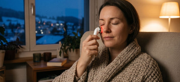 Frau entspannt an einem dunklen Winterabend im Sessel mit dem Lazurec Care 096 Augenmassagegerät im Wärmemodus