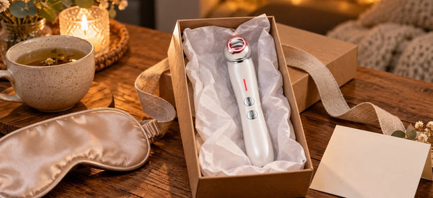 Lazurec Care 096 Augenmassagegerät in einer Geschenkschachtel mit Seidenpapier, daneben Tee, Schlafmaske und eine leere Karte