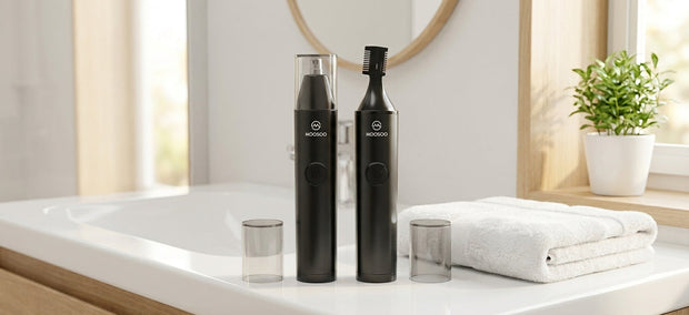 Moosoo HK-0811 Nasenhaartrimmer mit MOOSOO-Logo auf einem hellen Badezimmer-Waschtisch