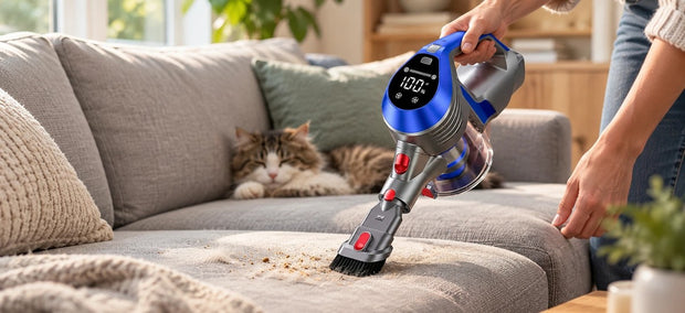 Moosoo AC1 im Handmodus saugt Krümel und Tierhaare vom Sofa, daneben schläft eine Katze
