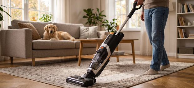 Person frischt mit dem Lazurec L5 Nass-Trockensauger einen Teppich im Wohnzimmer auf, Hund auf dem Sofa