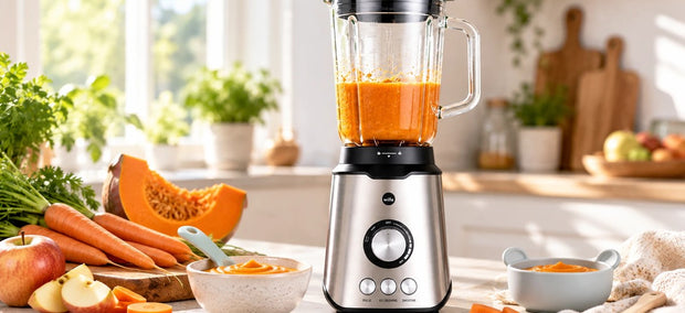 Wilfa Smooth Standmixer mit fein püriertem Karotten-Kürbis-Brei im Krug, daneben Babyschälchen und frisches Gemüse