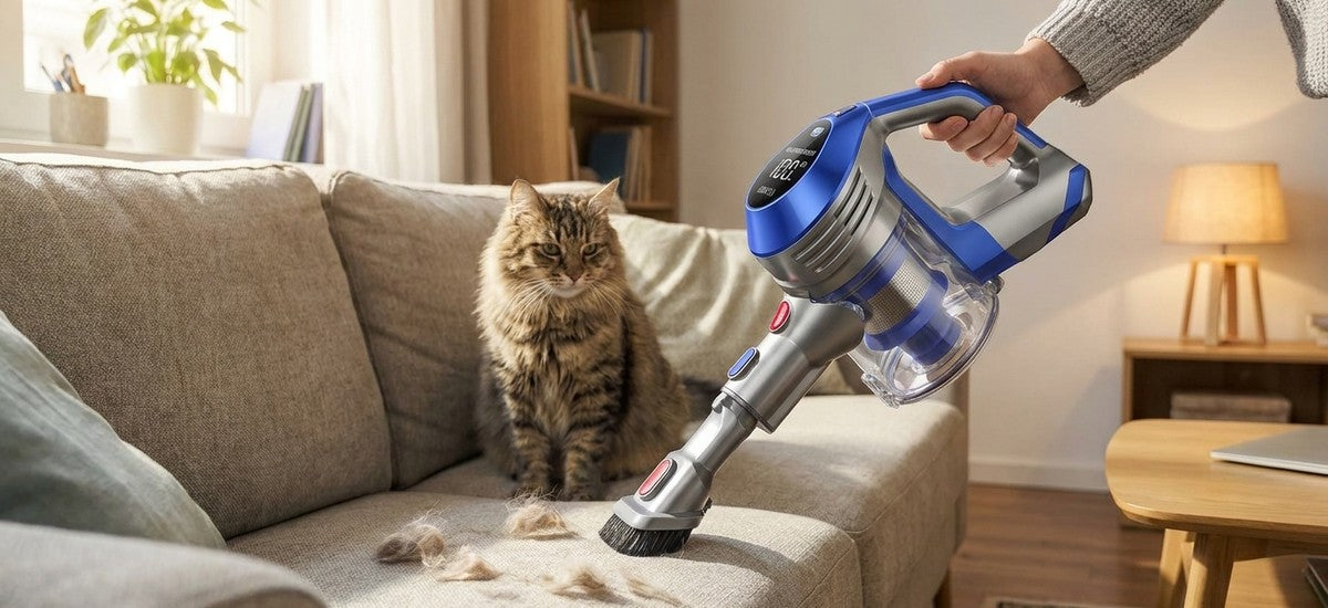 Moosoo AC1 Handstaubsauger (blau/silber) entfernt Tierhaare vom Sofa, Katze sitzt daneben im Wohnzimmer