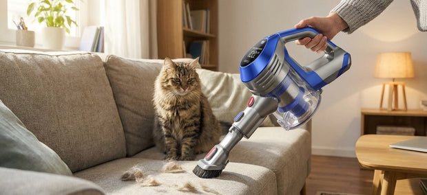 Moosoo AC1 Handstaubsauger (blau/silber) entfernt Tierhaare vom Sofa, Katze sitzt daneben im Wohnzimmer