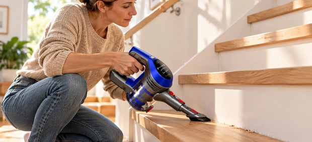 Moosoo AC1 Handstaubsauger reinigt die Stufenkante einer Holztreppe mit Bürstenaufsatz