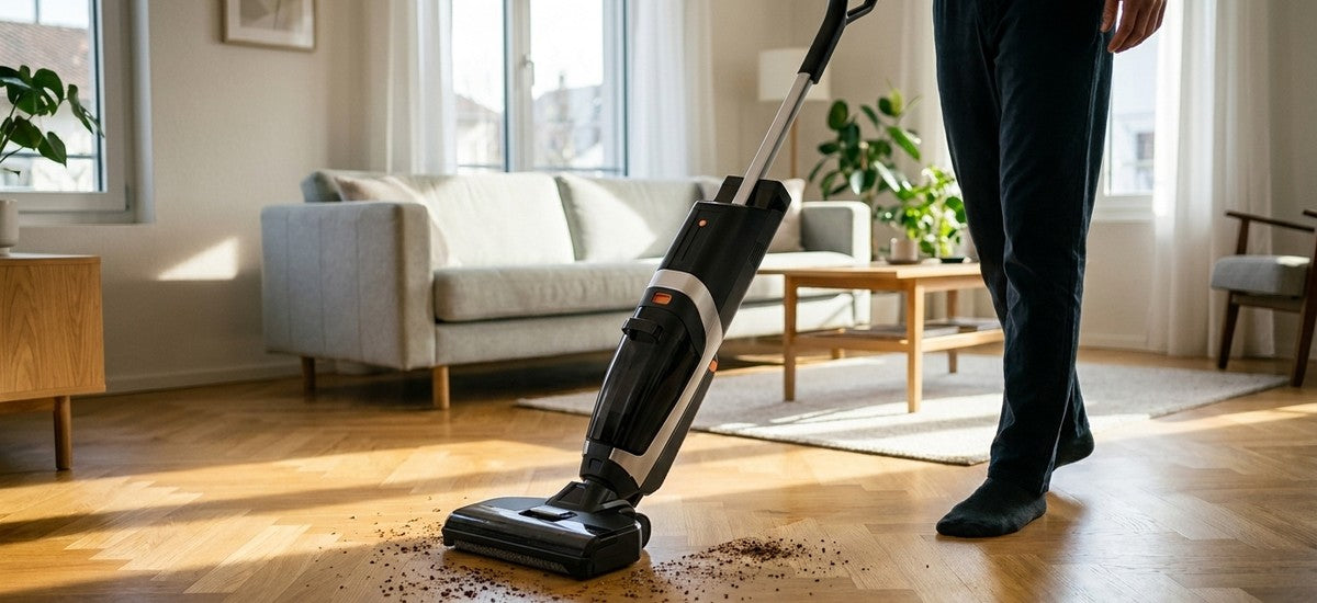 Person reinigt Parkettboden mit dem schwarzen Lazurec L5 Nass-Trockensauger in einem hellen Wohnzimmer