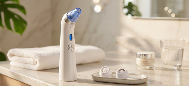 Lazurec Care 001 Porenreiniger auf einem Marmor-Waschtisch im Badezimmer, Beitragsbild für den Ratgeber Porenreiniger Schweiz