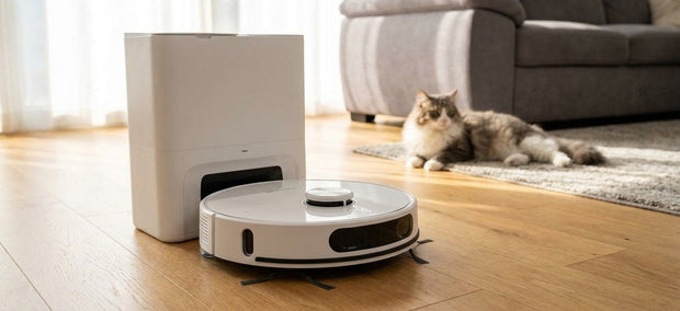 Tesvor S8 Max Saugroboter mit Absaugstation auf Holzboden, Katze im Hintergrund – NIVAROQ Ratgeber