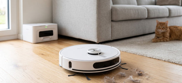 Tesvor S8 Max Saugroboter fährt unter dem Sofa hervor und nimmt Tierhaare auf, daneben die weiße Absaugstation