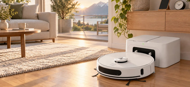 Tesvor S8 Max Saugroboter verlässt morgens seine Absaugstation im hellen Wohnzimmer