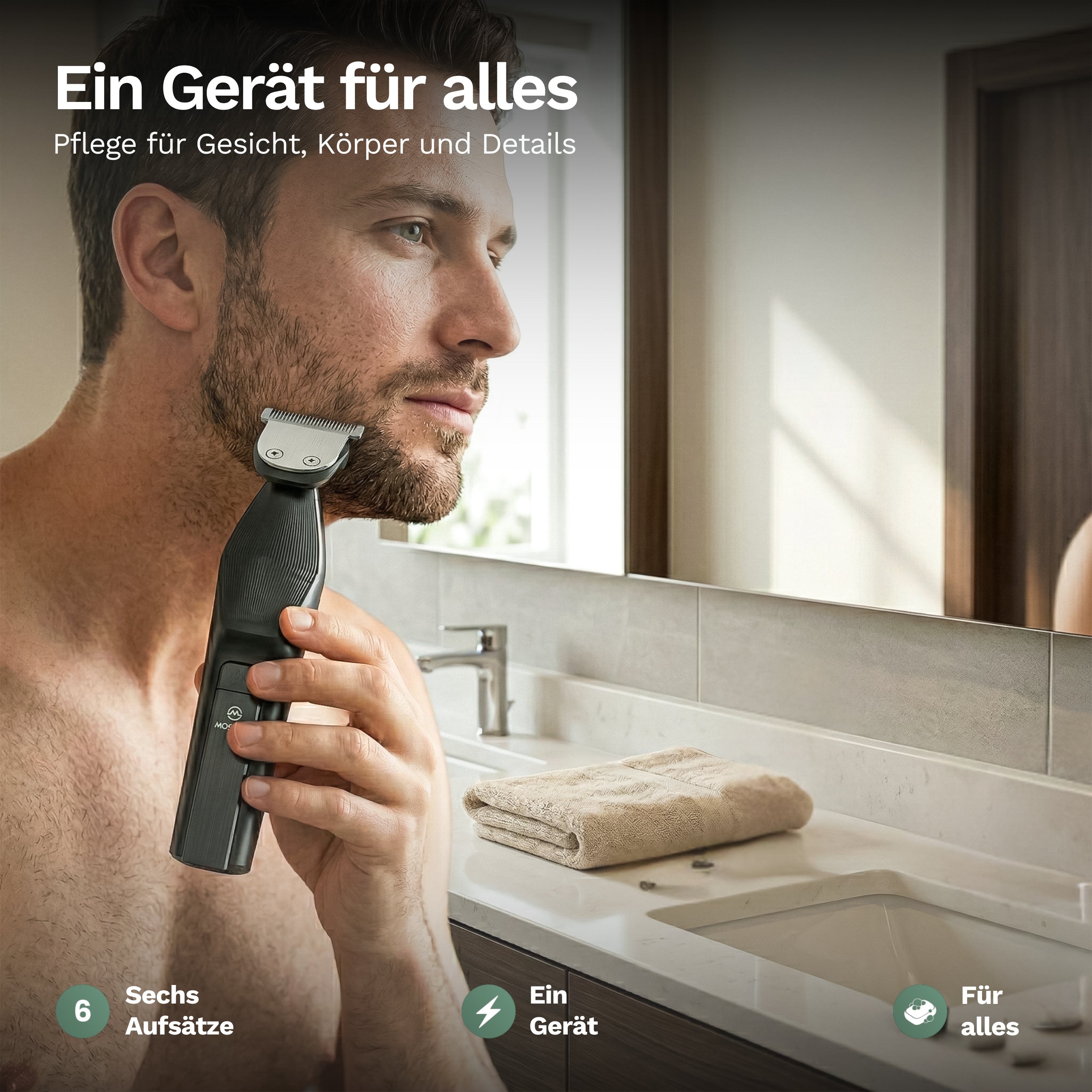 Mann trimmt seinen Bart am Kinn mit dem Moosoo RS1901, präzise Konturenführung im Badezimmer
