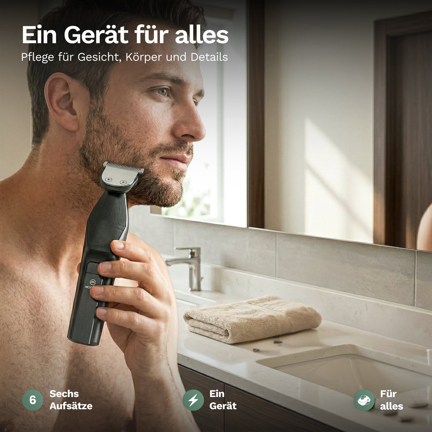 Mann rasiert seinen Bart im Badezimmer mit einem vielseitigen Trimmer für Gesicht, Körper und Detailpflege.