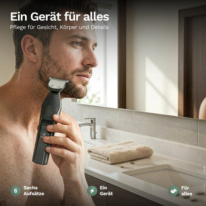 Mann rasiert seinen Bart im Badezimmer mit einem vielseitigen Trimmer für Gesicht, Körper und Detailpflege.