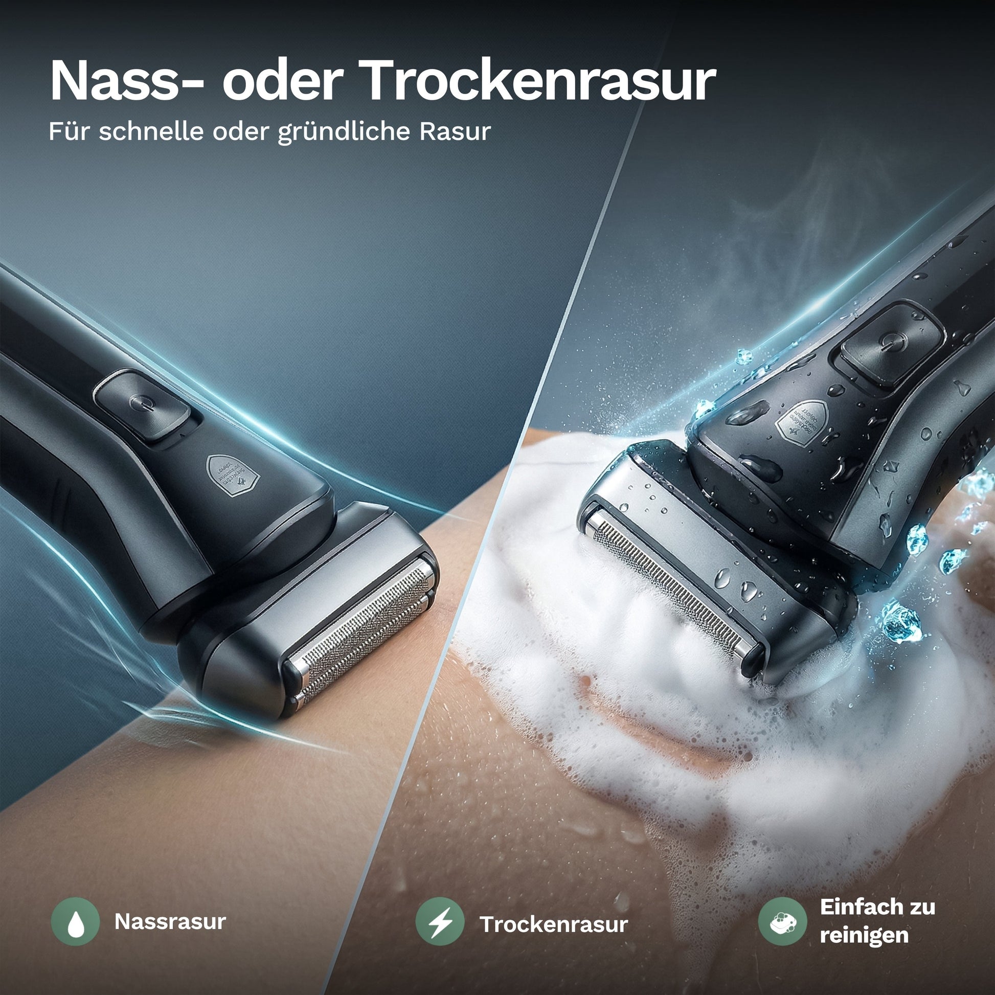 Elektrischer Rasierer für Nass- und Trockenrasur, ermöglicht schnelle oder gründliche Rasur und lässt sich einfach unter Wasser reinigen.