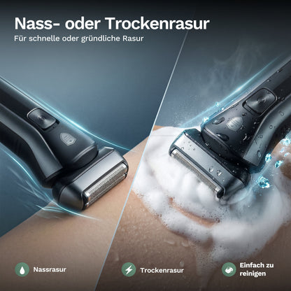 Elektrischer Rasierer für Nass- und Trockenrasur, ermöglicht schnelle oder gründliche Rasur und lässt sich einfach unter Wasser reinigen.