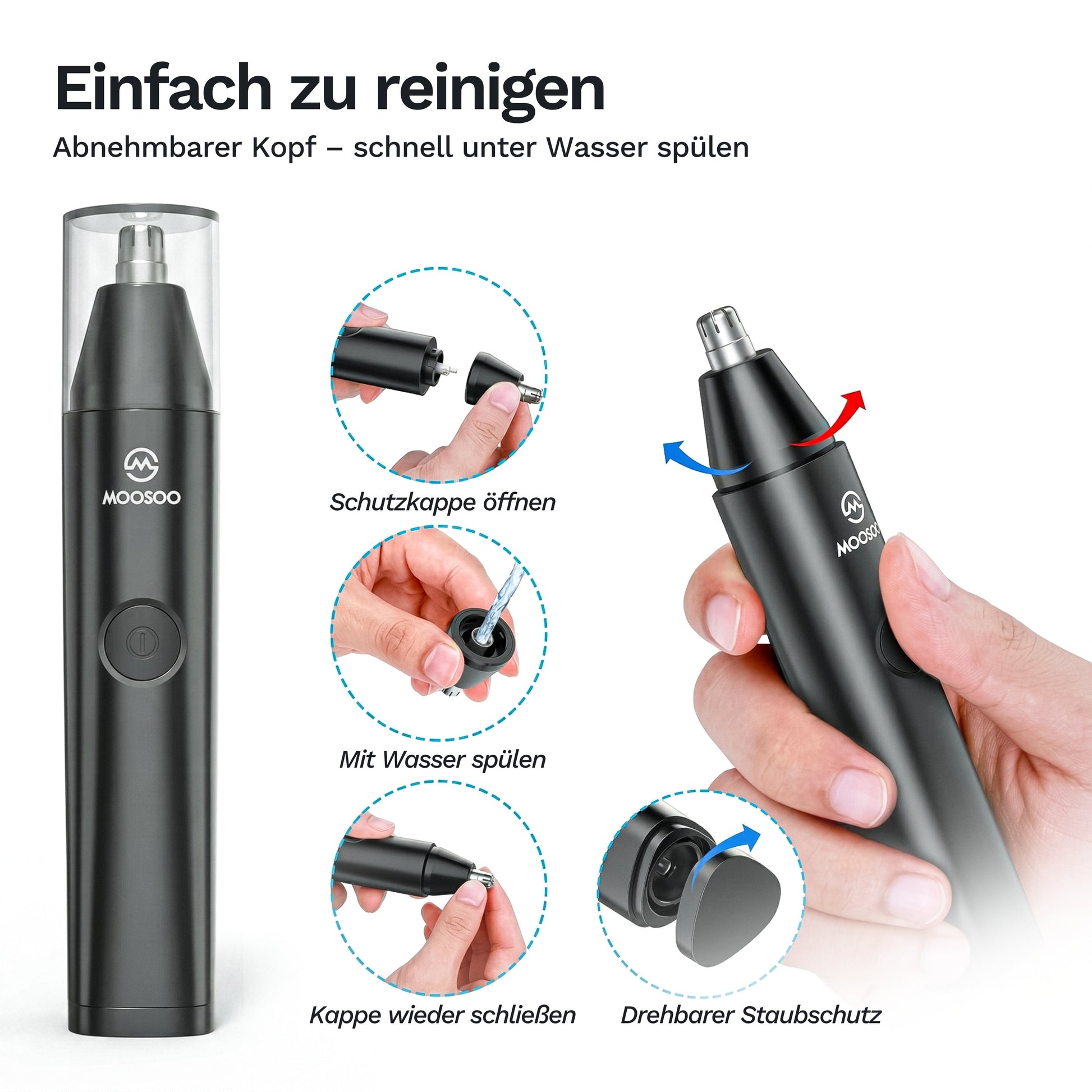 Elektrischer Trimmer mit abnehmbarem Kopf, der einfach unter Wasser gereinigt werden kann, inklusive drehbarem Staubschutz und leichtem Öffnen und Schließen.
