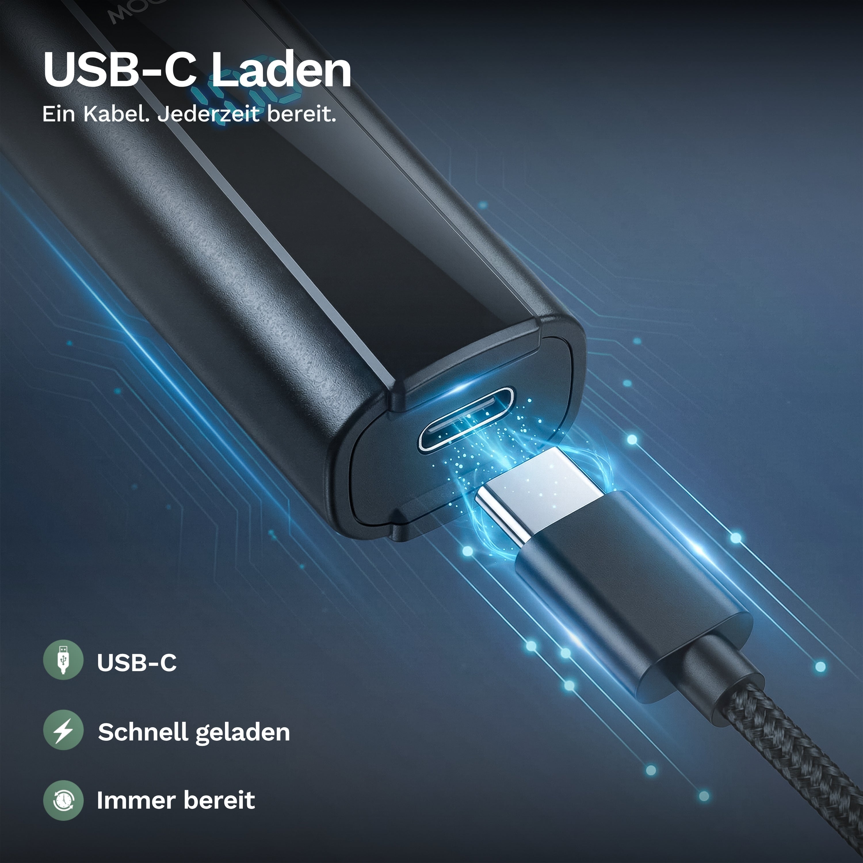 Detailaufnahme eines Barttrimmers mit USB-C-Anschluss, der über ein Kabel schnell und einfach aufgeladen wird.