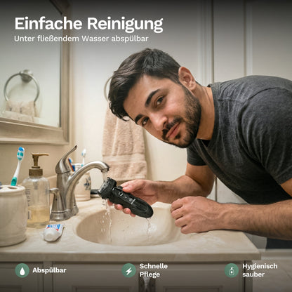 Mann spült elektrischen Rasierer unter fliessendem Wasser im Badezimmer, ermöglicht einfache Reinigung und hygienische Pflege nach der Rasur.