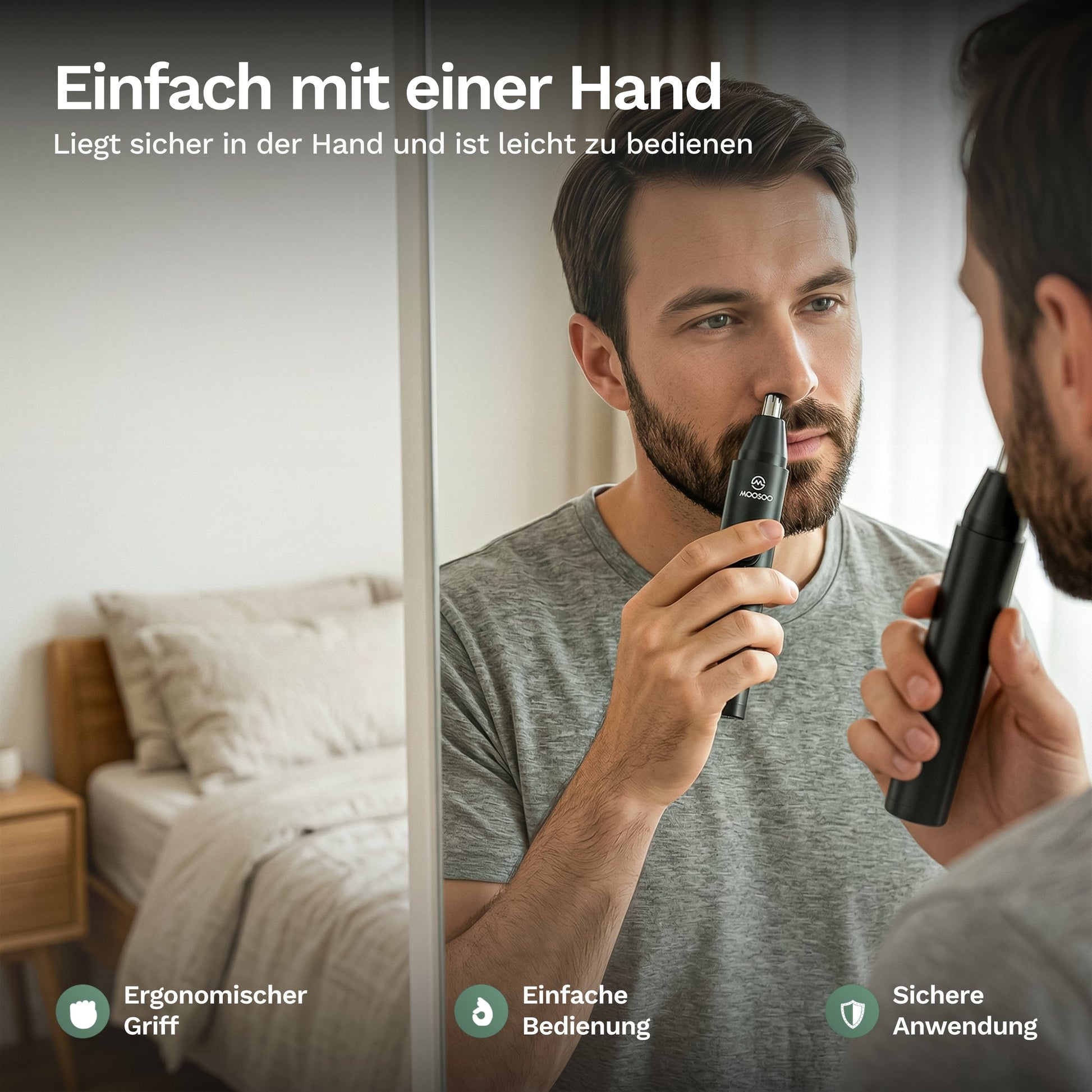 Mann verwendet einen elektrischen Nasenhaartrimmer vor dem Spiegel, der ergonomisch in der Hand liegt und einfach zu bedienen ist.