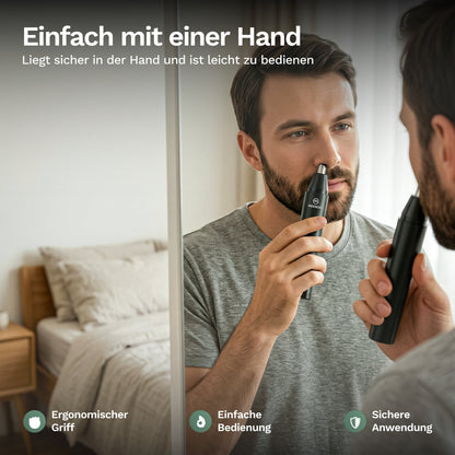 Mann verwendet einen elektrischen Nasenhaartrimmer vor dem Spiegel, der ergonomisch in der Hand liegt und einfach zu bedienen ist.
