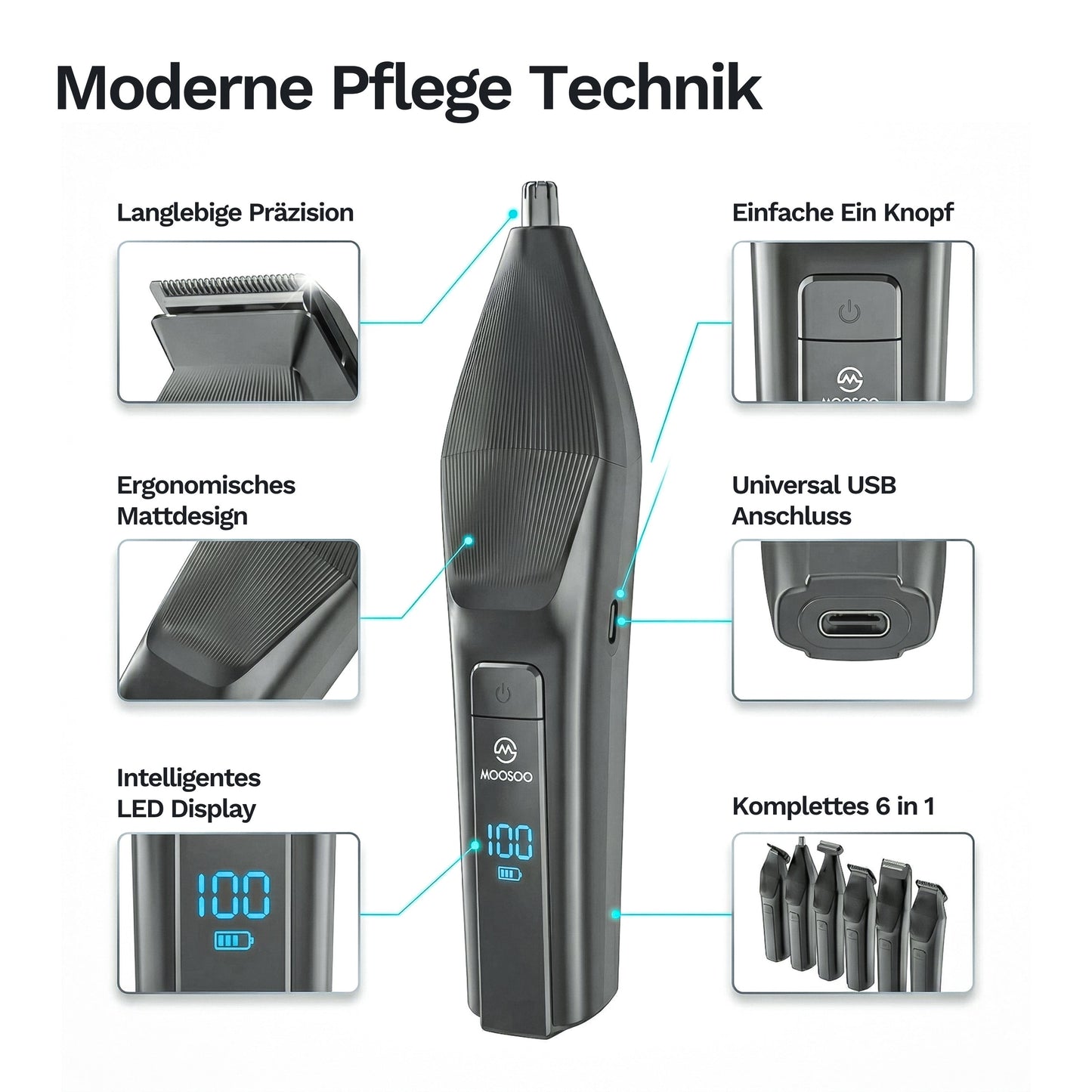 Pflegegerät mit verschiedenen Funktionen wie Präzisionsklinge, LED-Display, USB-Anschluss und mehreren Aufsätzen für vielseitige Körperpflege.