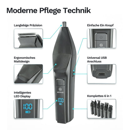 Pflegegerät mit verschiedenen Funktionen wie Präzisionsklinge, LED-Display, USB-Anschluss und mehreren Aufsätzen für vielseitige Körperpflege.