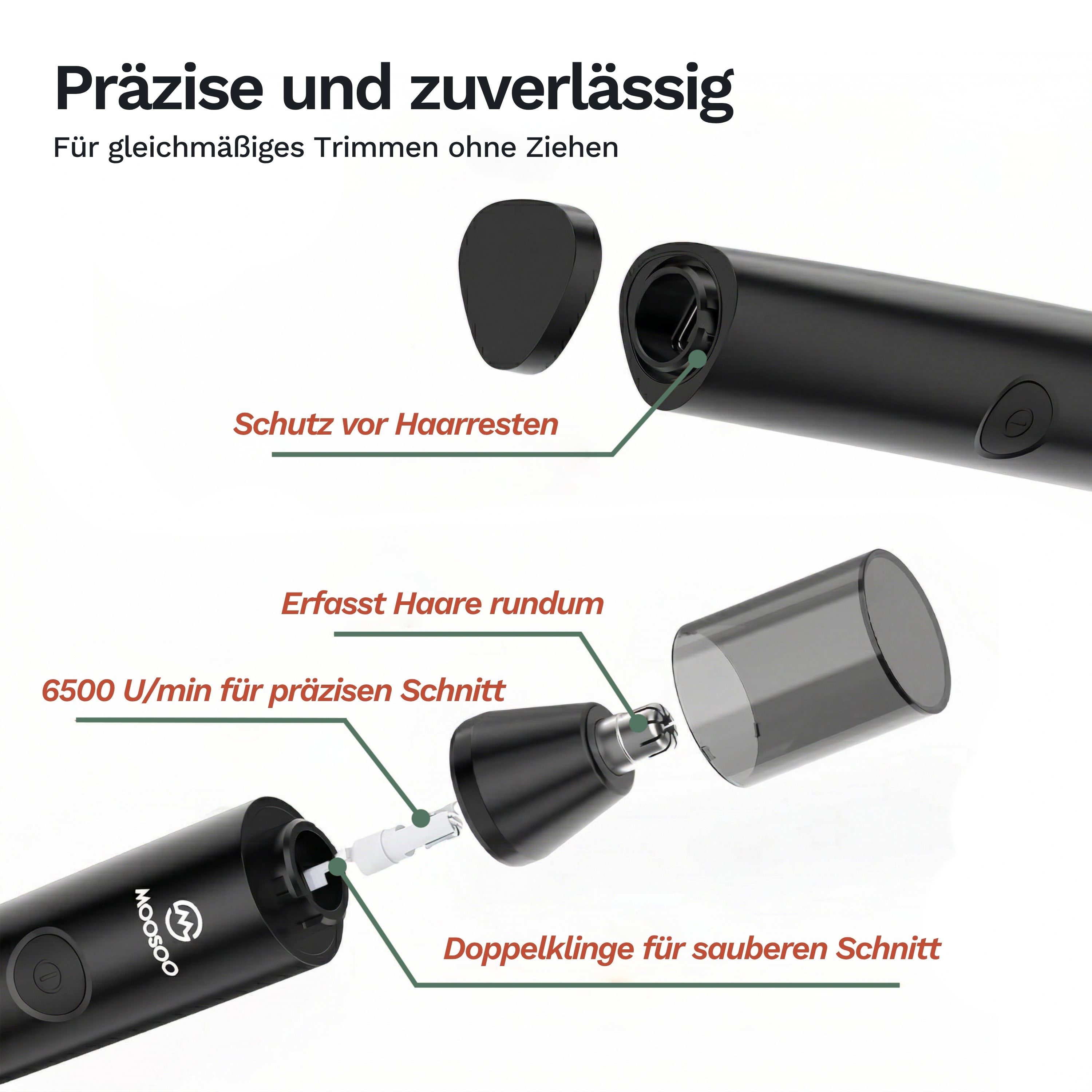 Explosionsdarstellung eines elektrischen Trimmers zeigt präzise Doppelklinge, Schutz vor Haarresten und leistungsstarken Motor für gleichmässiges Trimmen.