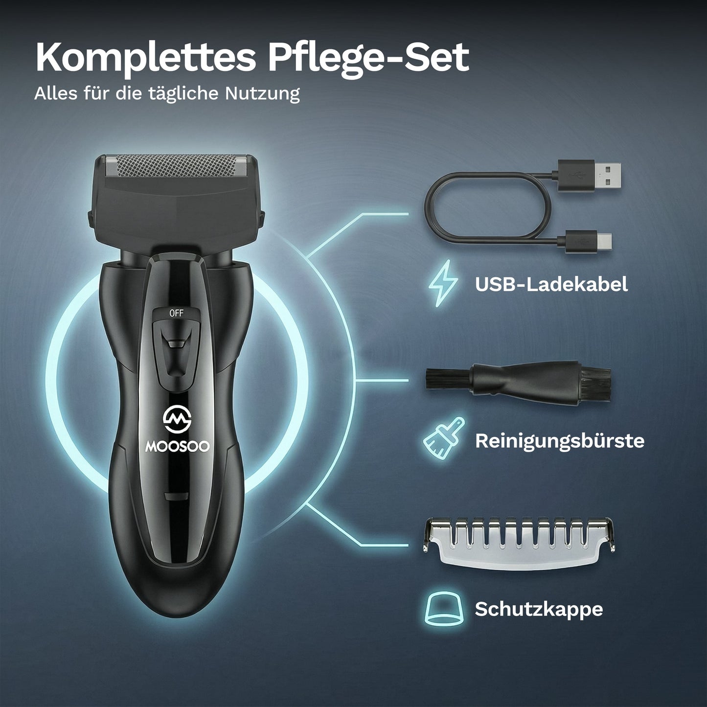 Elektrischer Rasierer mit komplettem Pflege-Set inklusive USB-Ladekabel, Reinigungsbürste und Schutzkappe für die tägliche Rasur und einfache Pflege.