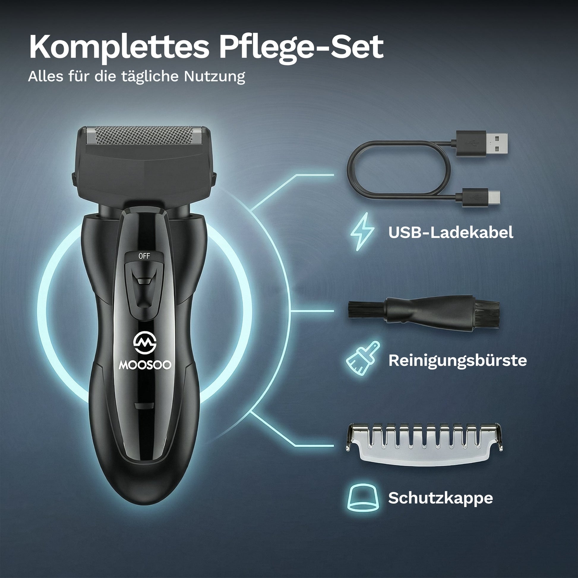 Elektrischer Rasierer mit komplettem Pflege-Set inklusive USB-Ladekabel, Reinigungsbürste und Schutzkappe für die tägliche Rasur und einfache Pflege.