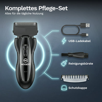 Elektrischer Rasierer mit komplettem Pflege-Set inklusive USB-Ladekabel, Reinigungsbürste und Schutzkappe für die tägliche Rasur und einfache Pflege.
