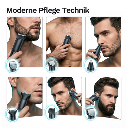 Übersicht moderner Pflegeaufsätze: Barttrimmen, Körperrasur, Nasenhaartrimmer und präzise Konturenpflege mit verschiedenen Aufsätzen.