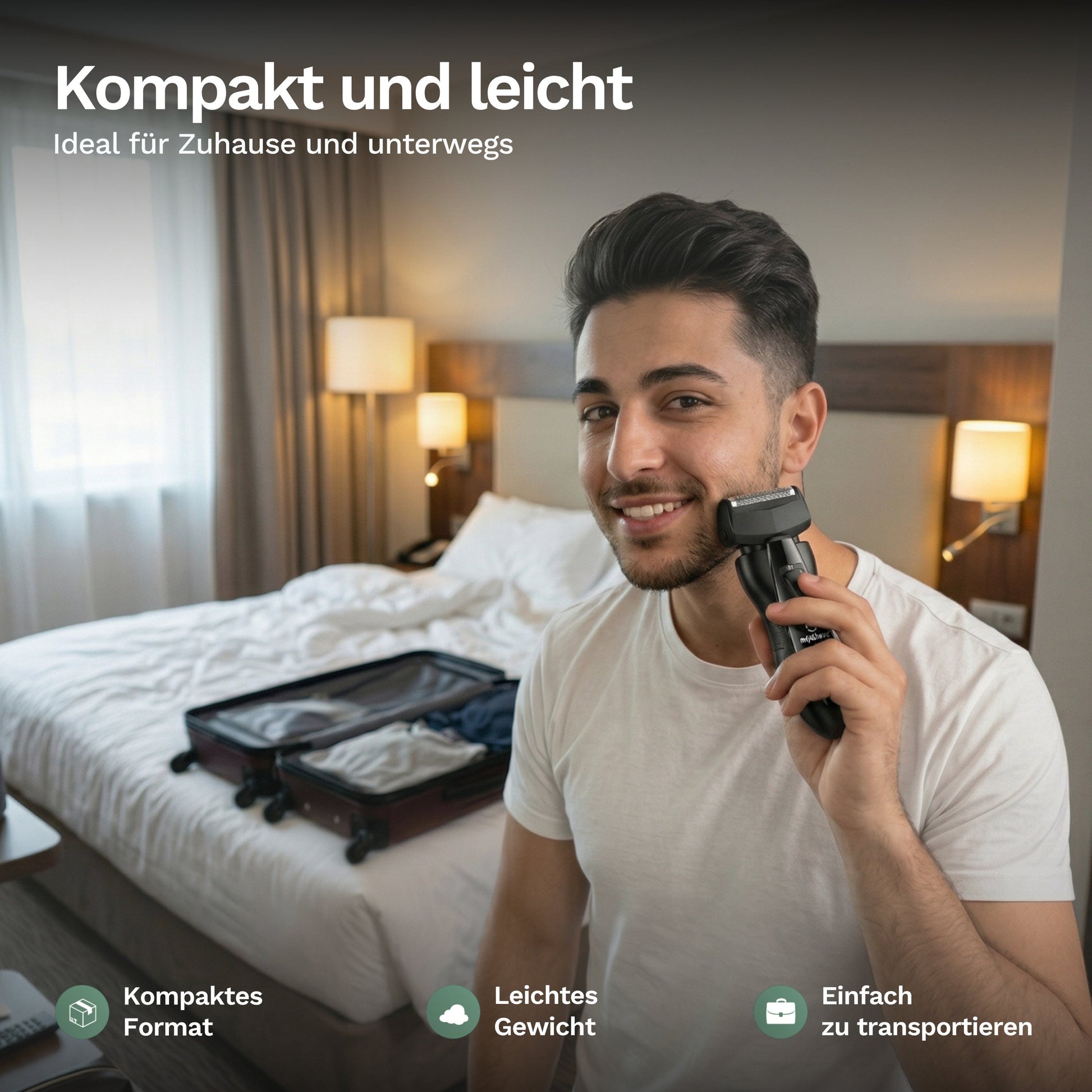 Mann rasiert sich mit elektrischem Rasierer im Schlafzimmer, kompaktes und leichtes Gerät ideal für zuhause und unterwegs.