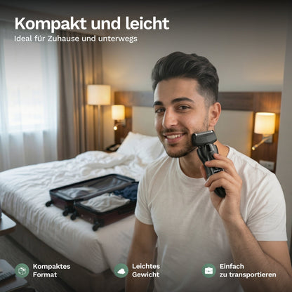Mann rasiert sich mit elektrischem Rasierer im Schlafzimmer, kompaktes und leichtes Gerät ideal für zuhause und unterwegs.