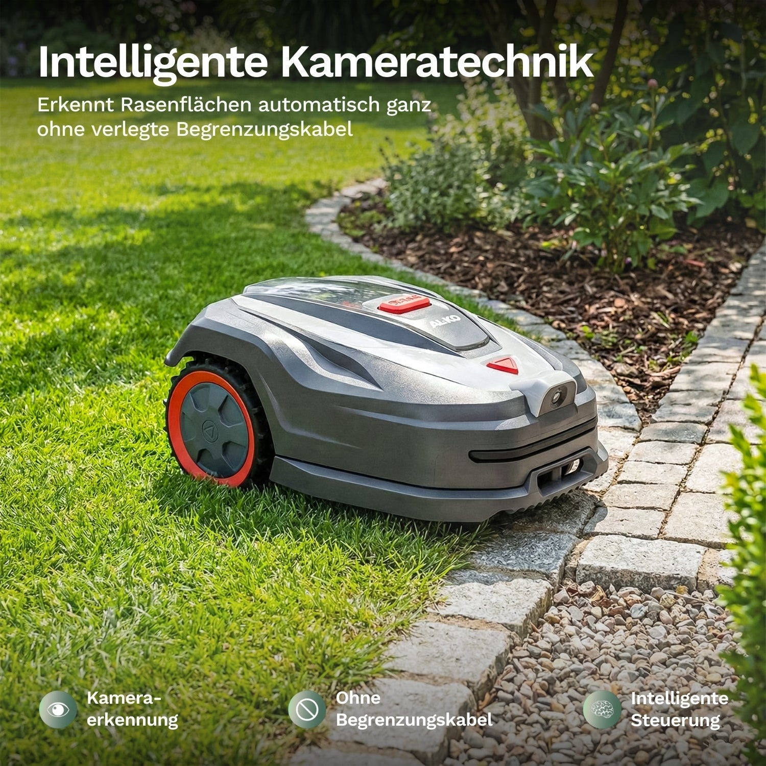 Intelligente Kameratechnik: erkennt Rasenflächen automatisch und mäht präzise ohne Begrenzungskabel