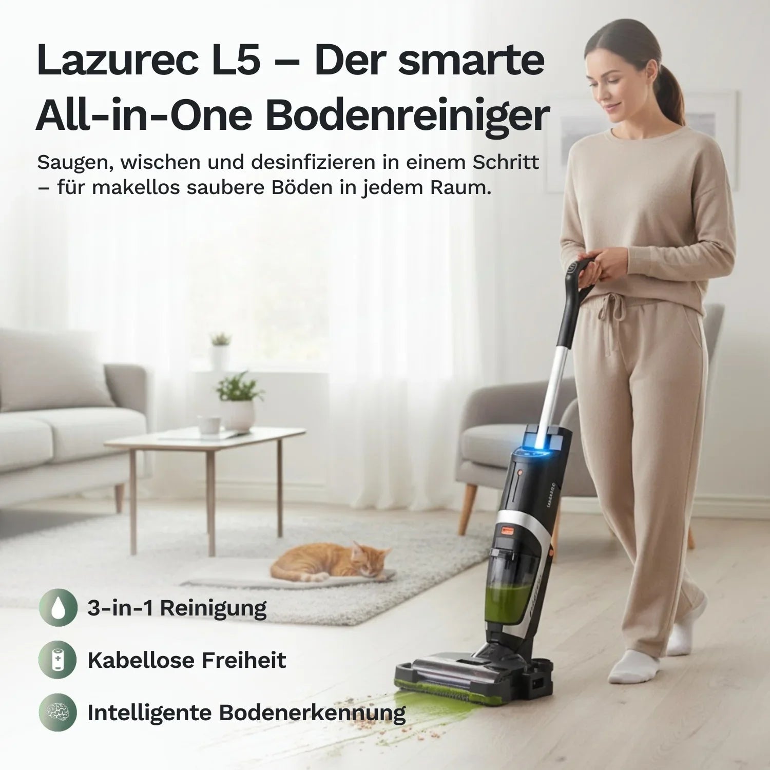 Frau reinigt Boden mit kabellosem All-in-One Staubsauger, saugt und wischt gleichzeitig für gründliche, hygienische Reinigung im Wohnzimmer.