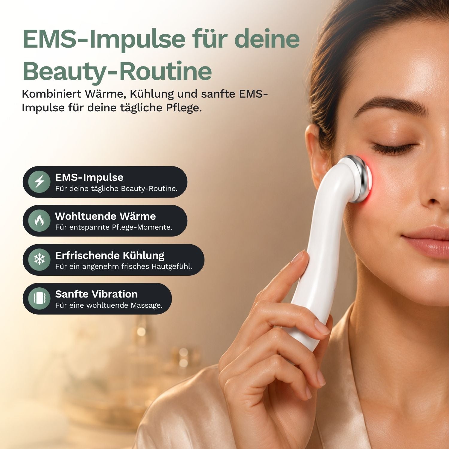 Augenmassagegerät in Anwendung am Augenbereich, silberfarben mit rotem LED-Ring