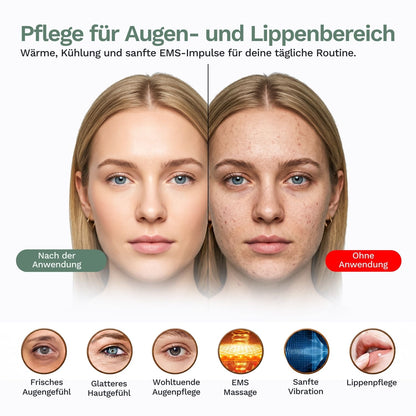 Lazurec Augen- und Lippenpflege mit Wärme-, Kühl- und EMS-Impulsen (vorher/nachher), Gerät im Bild