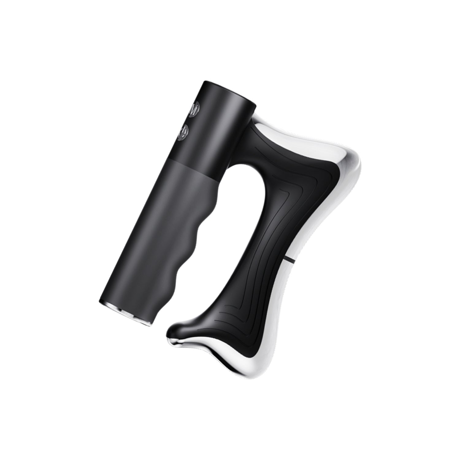Schwarzes Handgerät mit gebogenem Griff und hellem Rand, Faszienmesser